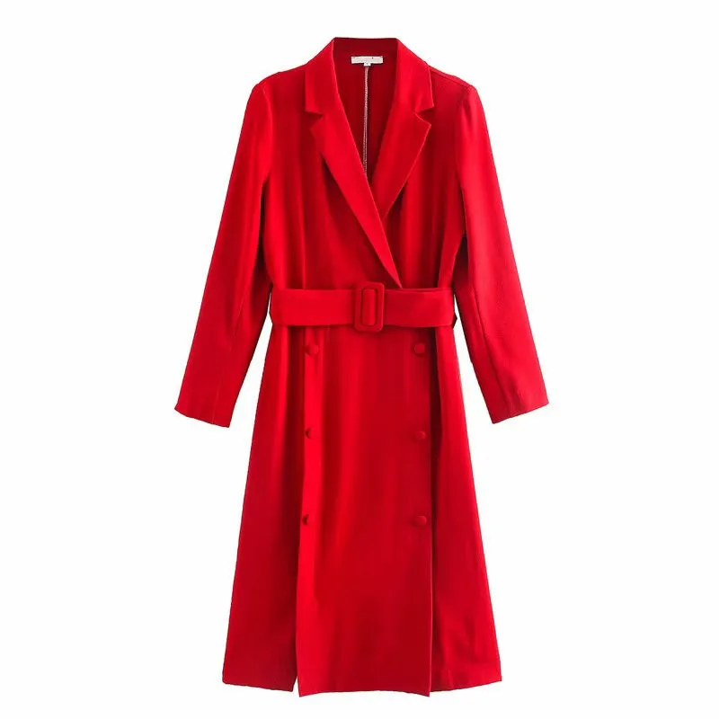 Женский Элегантный Красный Блейзер платье миди с длинным рукавом и поясом