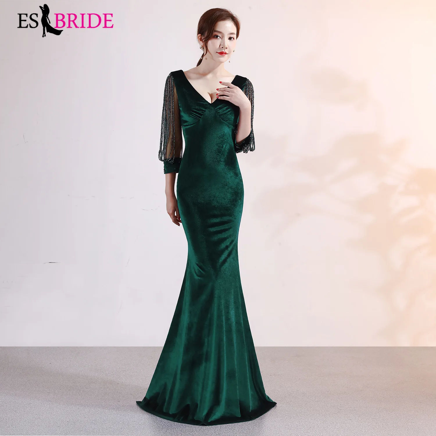 Robe De Soiree сексуальные велюровые Вечерние платья Длинные ES2892 глубокий v-образный вырез 3/4 рукава Элегантные зимние осенние бархатные вечерние платья