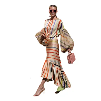 

Women Party Dinner Dress Lantern Sleeve Striped Mermaid Dress Sexy High Waist Ruffle Irregular Casual Vintage Bodycon Dress