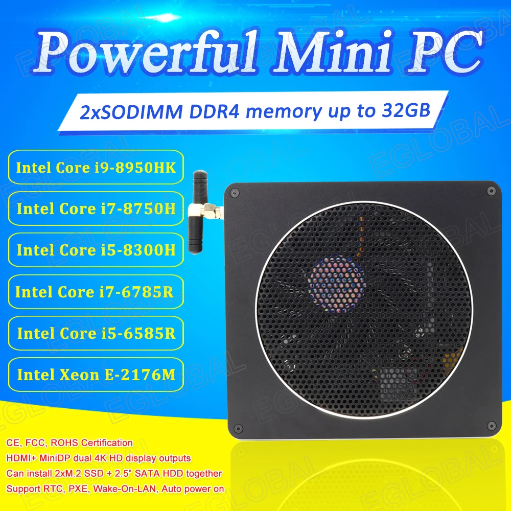 

Eglobal Gaming Mini PC 2 SODIMM DDR4 up to 64GB Intel Core i9/i7/i5 Cooling Fan Mini Computer Type-c DP HDMI AC WIFI