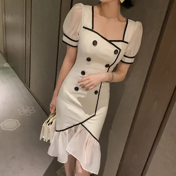 

Summer new temperament ladies fashion square collar contrast color double-breasted fishtail dress