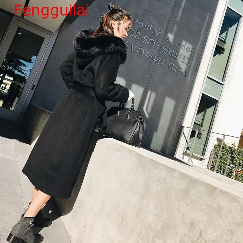 

Women Autumn Winter Outerwear Wool Blend Thicken Warm Long Coat Lady Slim Woolen Overcoat Cashmere Jacket With Fur Collar