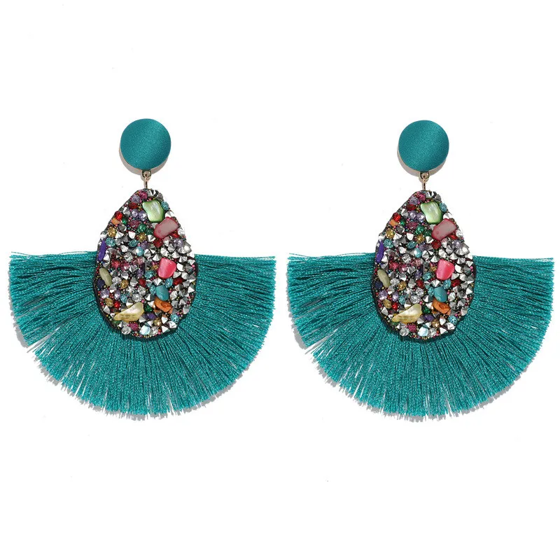 Bohemian Green Beaded Tassel Drop Earrings for Women Big Statement Earrings Female Wedding Fringe Hanging Earings