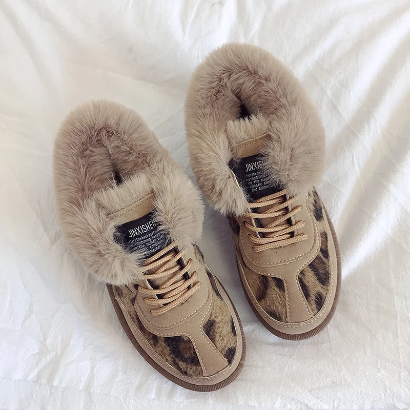 Beige ERNESTNM/пикантные леопардовые снежные сапоги; женские зимние сапоги на плоской подошве; Короткие Плюшевые ботинки без застежки на низком каблуке; повседневные Черные ботинки на платформе; botas - Цвет: Beige