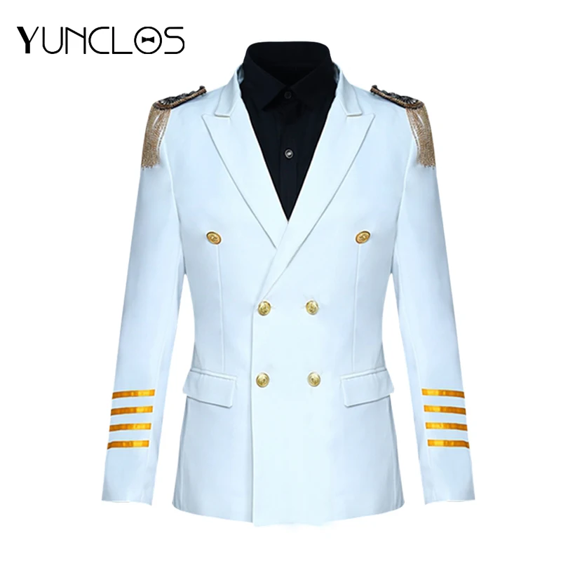 

BL-Captain Suit Men's Double-Breasted 2 pieces (Jacket + Pant) Tassel epaulets performance Suit Simple & Elegant Collar