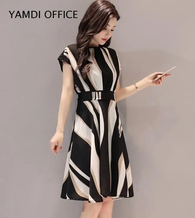 

YAMDI Midi dress summer casual belt striped luxury fashion women clothes sleveeless a line designer dresses runway 2019 female