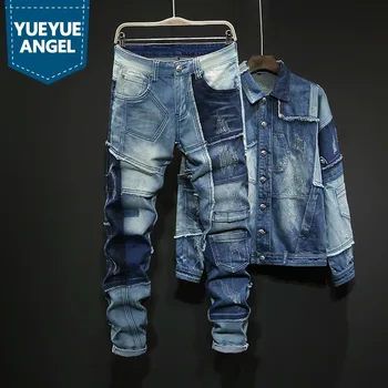 

Personality Mixed Colors Spliced Autumn Winter Mens Loose Denim 2Pcs Sets Long Sleeve Single Breasted Jackets Full Length Pants