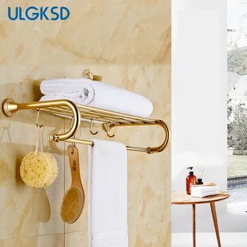 

ULGKSD Uxury Bathroom Towel Racks Golden Brass Towel Shelves Movable Towel Holders Para Bathroom Shower Wall Mounted