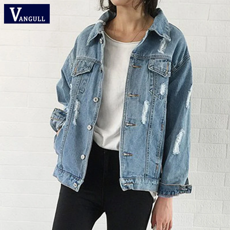 wonderful  Women Basic Coat Hole Denim Jacket 2019 Spring Autumn Casual New Long Sleeve Jean Jacket Loose Fit 