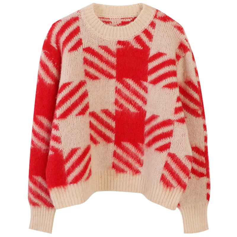 GRUIICEEN Autumn Winter Plaid Pattern Short Sweater Pullovers Round Neck Loose Knitted Vintage Tops | Женская одежда