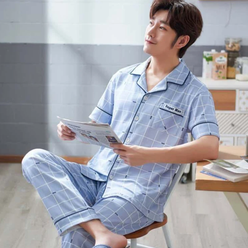 organic pyjamas Men's Cotton Sleepwear Set Loungewear Men Sleep Shirt Trousers Plaid pijama hombre invierno Winter Man Pajamas for Men cotton loungewear