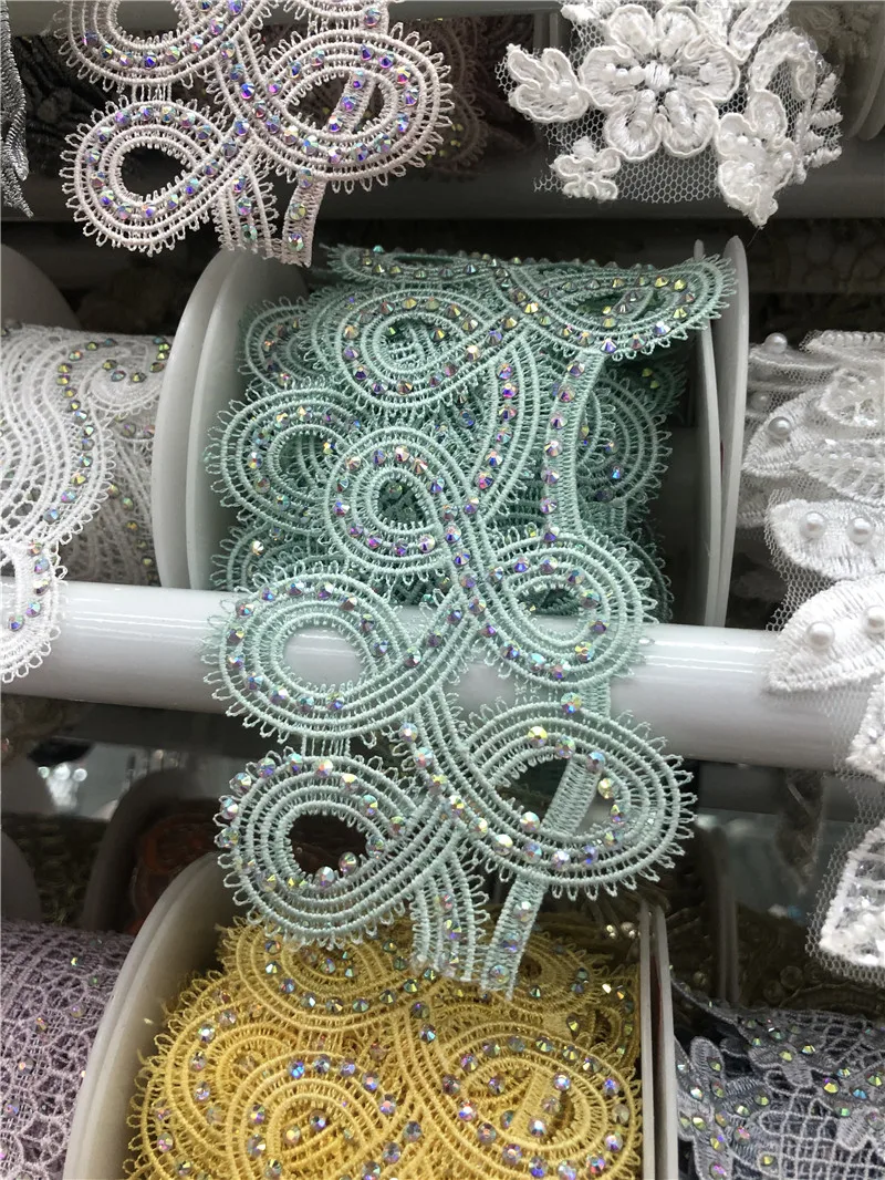2.7'' Wide high quality  Luxry  Venice Applique / Venise chemical rhinestone Lace trim DIY crafted Fabric sewing wedding dress