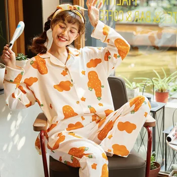 

Autumn New 2PCS Casual Pajamas Suit Young Lady Cotton Nightwear Cute Cartoon Print Turn-down Collar Shirt&Pant Sleepwear