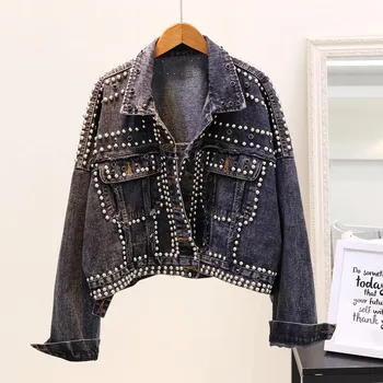 

Vintage Rivet Denim Jacket Beading Short Loose Jeans Coats Women Punk Style Jacket Streetwear