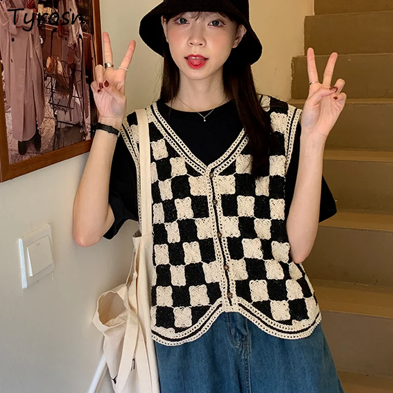 

Женский однобортный джемпер, винтажный клетчатый джемпер в американском стиле с цветочным узором и застежкой-крючком и V-образным вырезом, Y2K