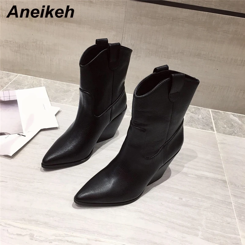 Aneikeh/модные сапоги женские сапоги-казаки на танкетке с острым носком высокие сапоги на каблуке обувь для верховой езды на высоком квадратном каблуке