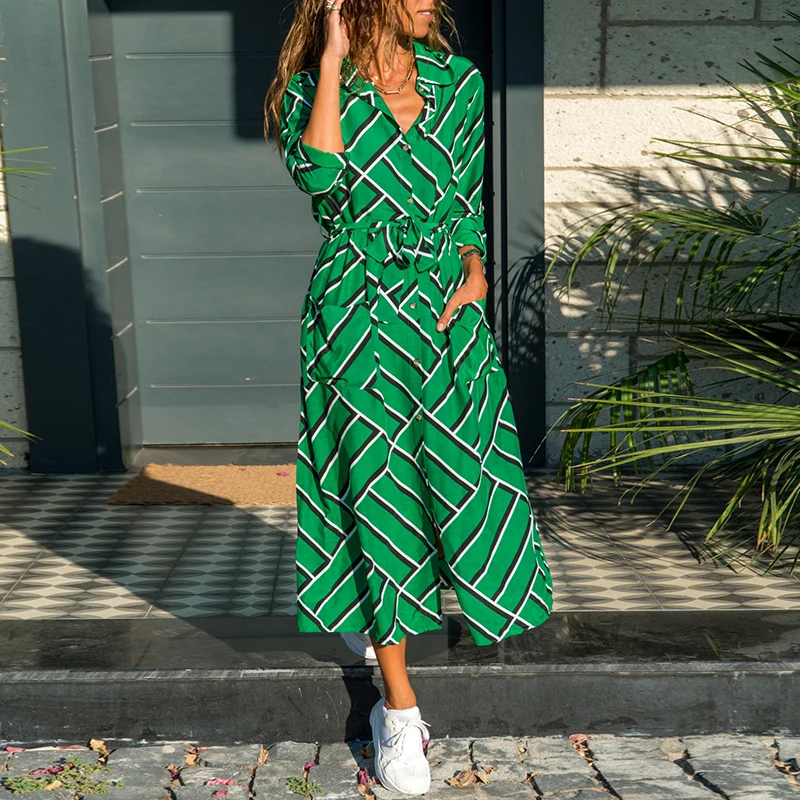 Aachoae 2020 New Striped Lady Shirt Dress Long Sleeve Turn Down Collar Casual Dresses Pockets Bandage Elegant Midi Dress Robe