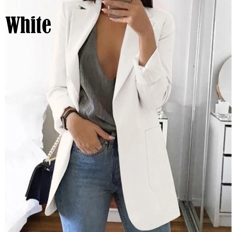 Модный тонкий кардиган с отворотом, темпераментный пиджак, Женский Повседневный однотонный прямой женский пиджак - Цвет: White