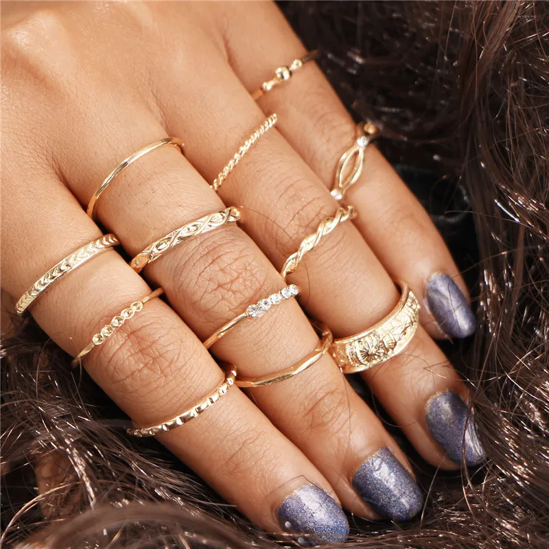 WUKALO, винтажные кольца золотого цвета для женщин, в богемном стиле, этнические, в стиле панк, с кристаллами, набор колец на палец, модные ювелирные изделия - Цвет основного камня: R00014