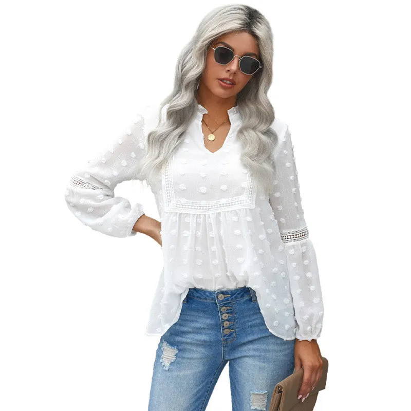 

Solid Color Shirt Women 2021 Spring Autumn New Fashion V-neck Pullover Ladies Lace Shirt Female JD1084