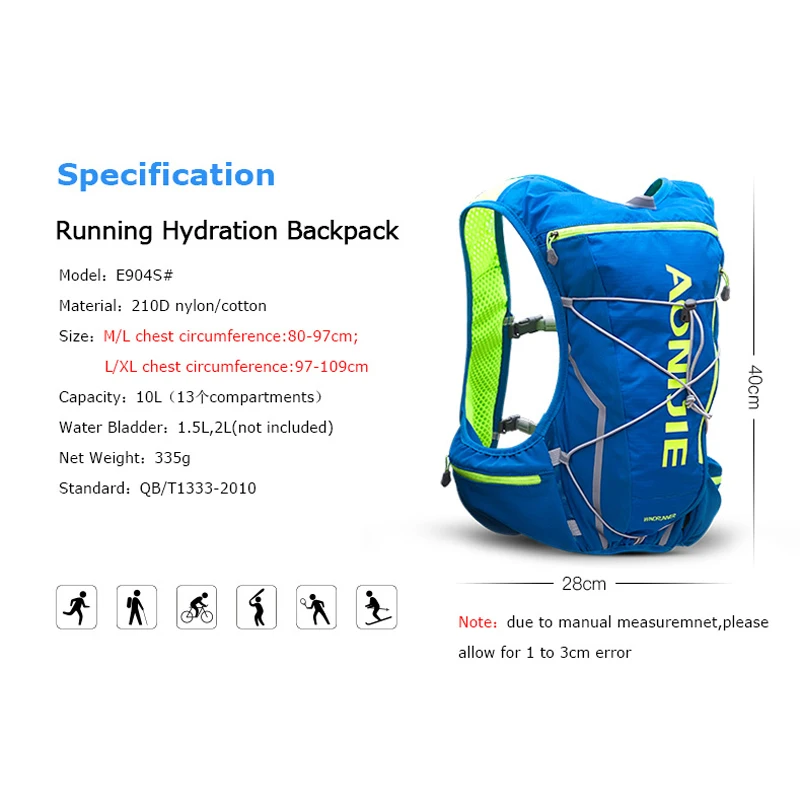 AONIJIE E904S 10L Hydration Backpack Rucksack Pack Bag Vest Harness Water Bladder Hiking Camping Running Marathon Race Sport Set
