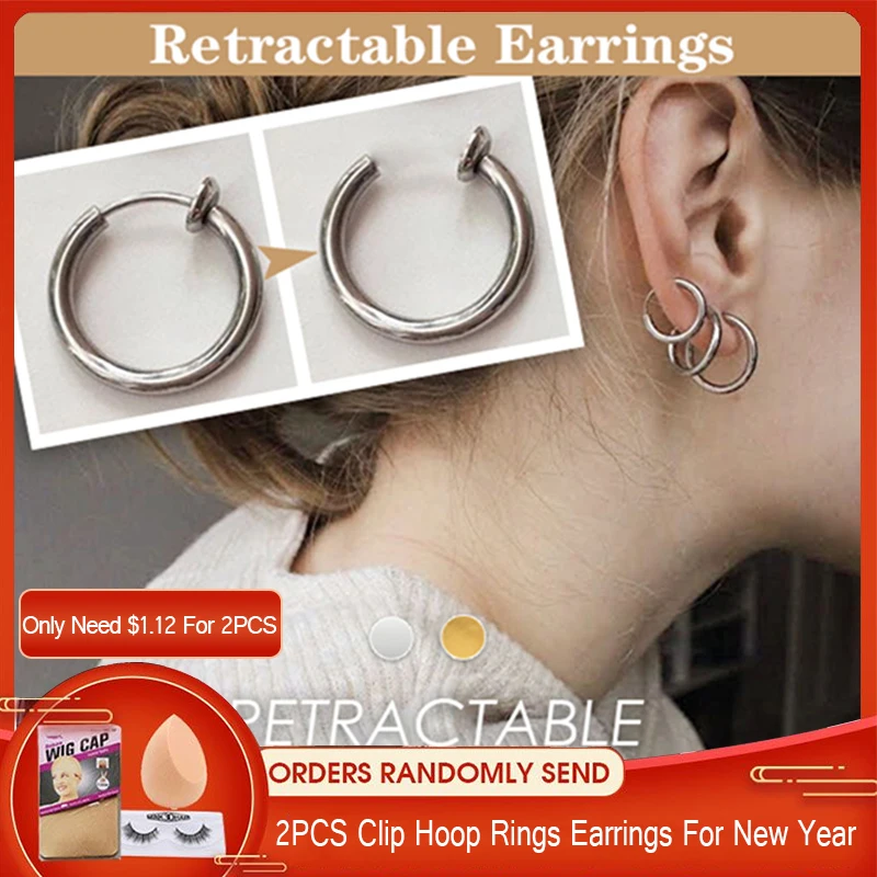 

2PCS Clip on Body Nose Lip Ear Fake Retractable Earrings Segment Fake Septum Piercing Hoop Rings Earrings Nostril Septum tragus