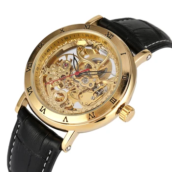 

Luxurious Automatic-self-winding Mechanical Watch for Men Hollow-out Stainless Steel Gold Dial Genuine Leather Band montre homme