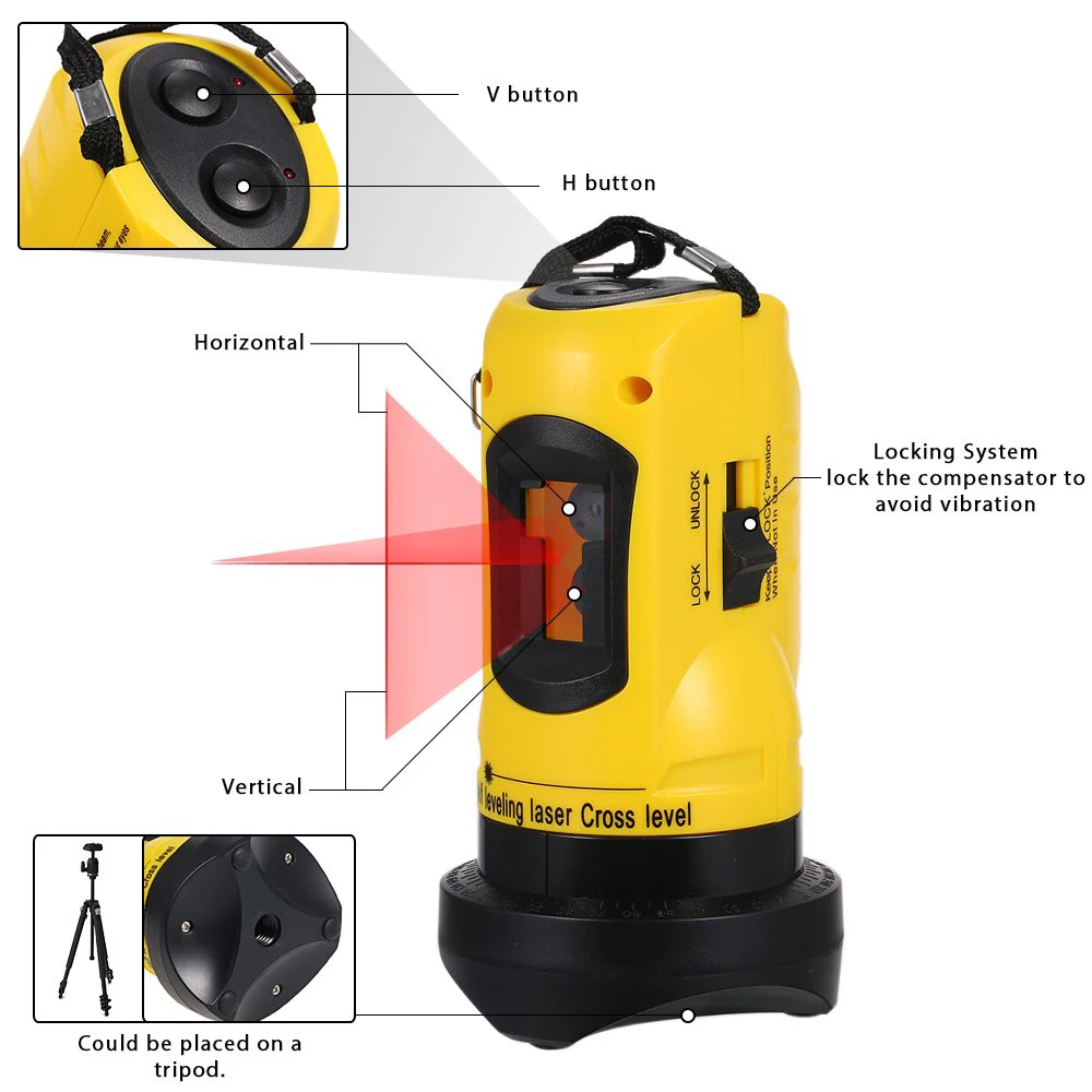 

360 Degree Self-Leveling Portable Mini Cross Red Laser Levels Meter 2 Line 1 Point 635nm Leveling Instrument
