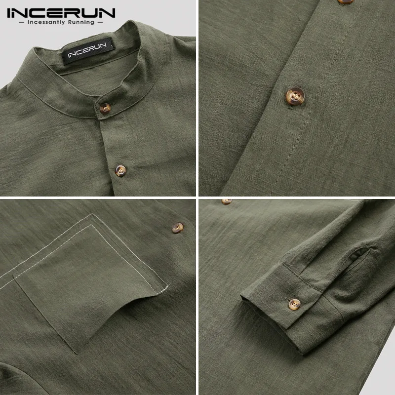 INCERUN Vintage Casual Shirt Men Cotton Solid Button Stand Collar Chinese Style Long Sleeve Shirts Men Streetwear Camisa