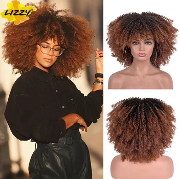 

Short Hair Afro Kinky Curly Wigs With Bangs For Black Women African Synthetic Omber Glueless Cosplay Wigs High Temperature Lizzy