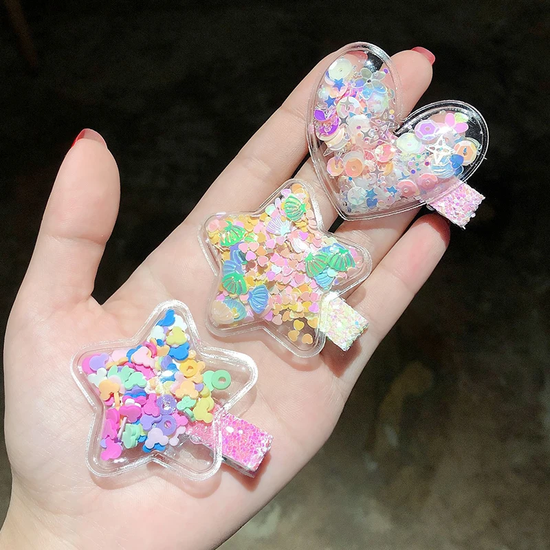 Cute Children Hair Clips Transparent Shiny Sequins Hairpins Stars Heart Geometric Barrettes Hairgrips Girls Princess Headwear