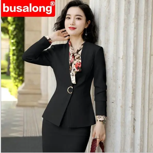 black skirt suit Осенняя мода для интервью женский костюм с юбкой формальный длинный рукав Блейзер и юбка офисная Дамская одежда размера плюс рабочая одежда белое черное пальто - Цвет: black skirt suit
