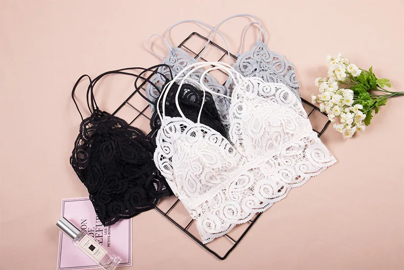 Honviey retro lace Underwear crop top women anti-glare abdomen thin femme sexy wirefree bralet cross beauty back bra plus size