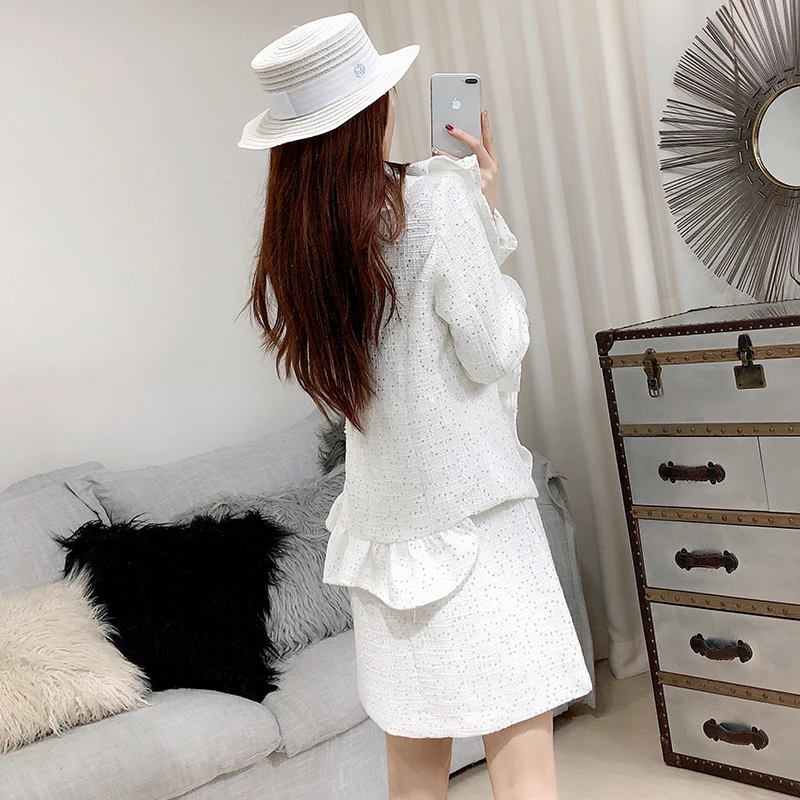 ALPHALMODA Блестящий твидовый милый кардиган с рюшами жакет + Асимметричная мини юбка