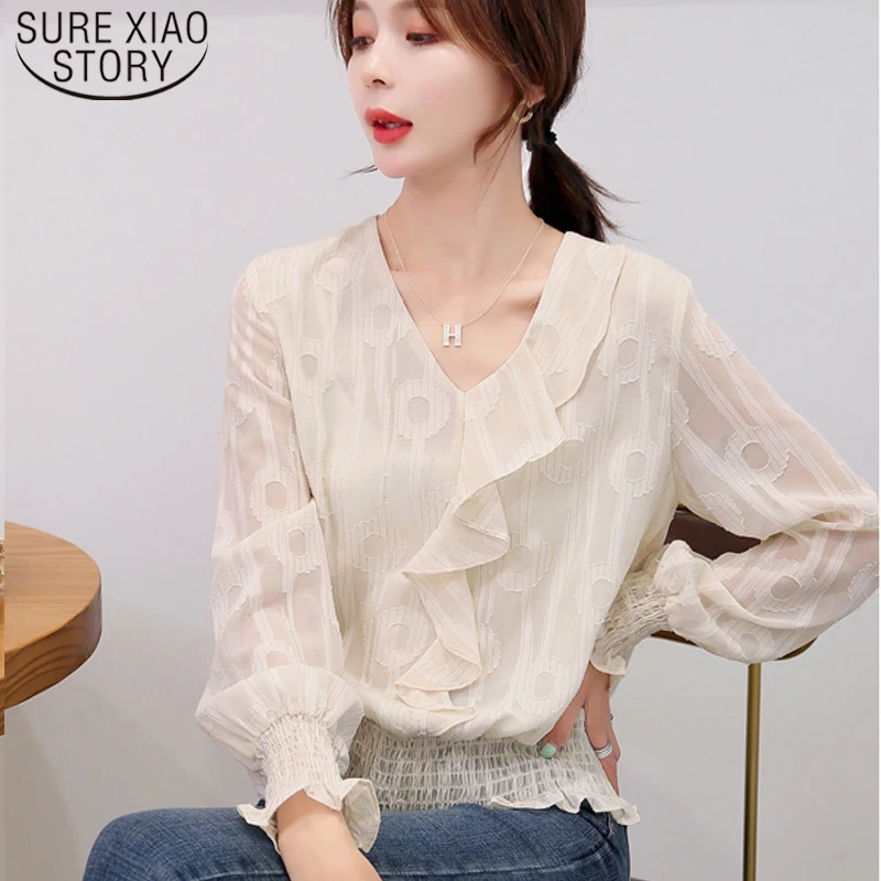 

2019 Autumn Office Ladies Tops Solid Long Sleeve Ruffled Clothes Women Tops and Blouse Sexy V-neck Chiffon Blouse blusa 6410 50