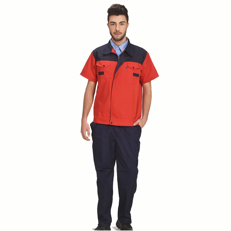 Men Women Summer Workwear Factory Workshop Uniforms Work Clothes Set Short-sleeve Coveralls Contrast Color Free Shipping