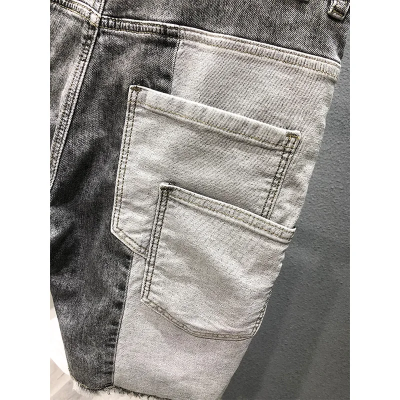 Summer Gray Denim Shorts Knee Length Patchwork Lattice Pocket Design Stitching Hip-hop Street Self-cultivation Jeans Shorts