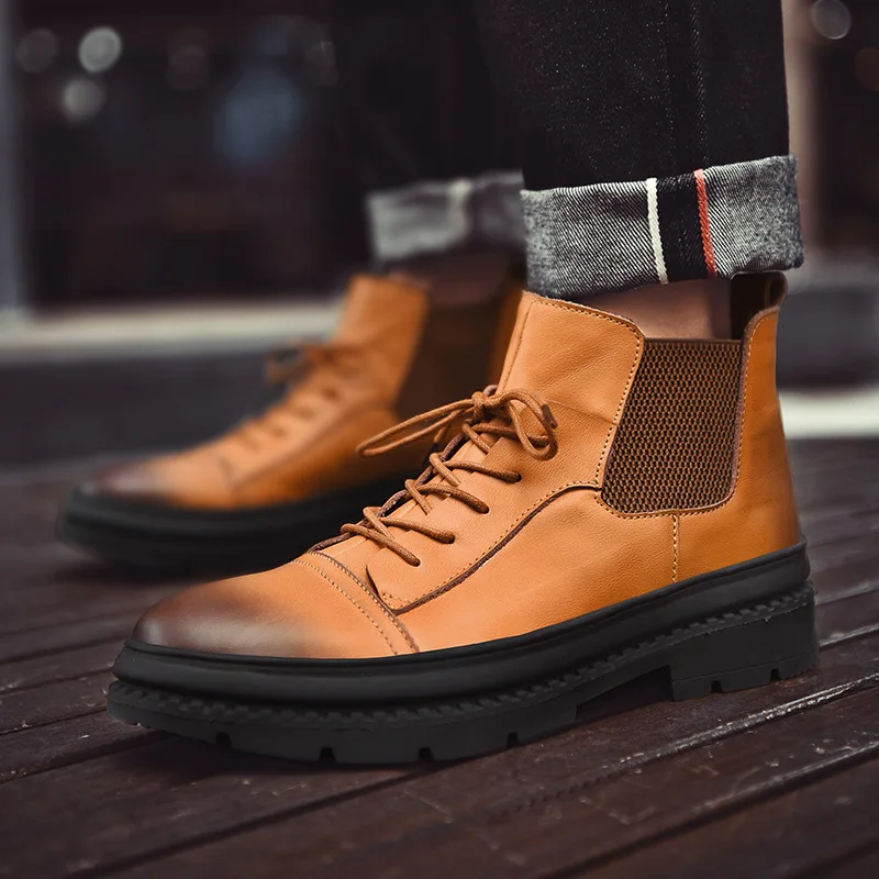 

2019 Autumn & Winter plus Velvet Cotton Boots Big Head Workwear Combat Boots MEN'S SHOES Hight-top Martin Boots Men's Genuine Le