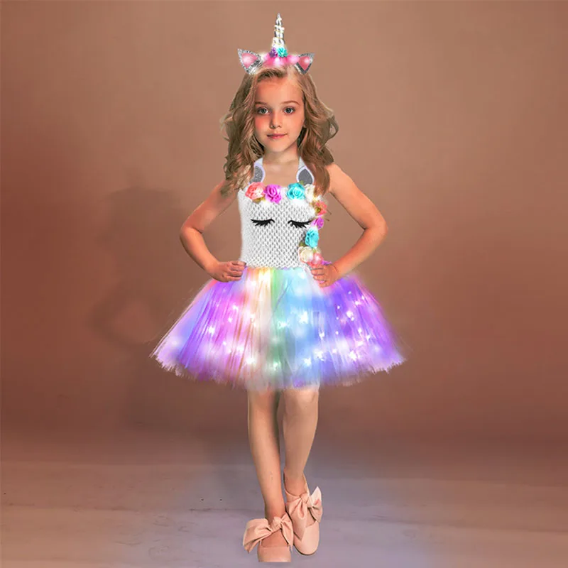 Girls Shiny Unicorn Tutu Dress Glowing Kids Unicorn Dresses For Girls Hallowmas Party Princess Dress Children Clothing vestidos