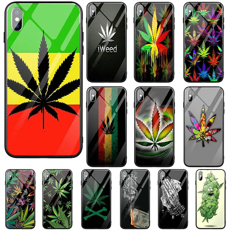 

Hard Tempered Glass Clear Mobile Phone Case Coque Fundas for iPhone 7 7Plus 6 6S 6Plus 8 8Plus X XR XS Max Shell Hot Hemp Leaf