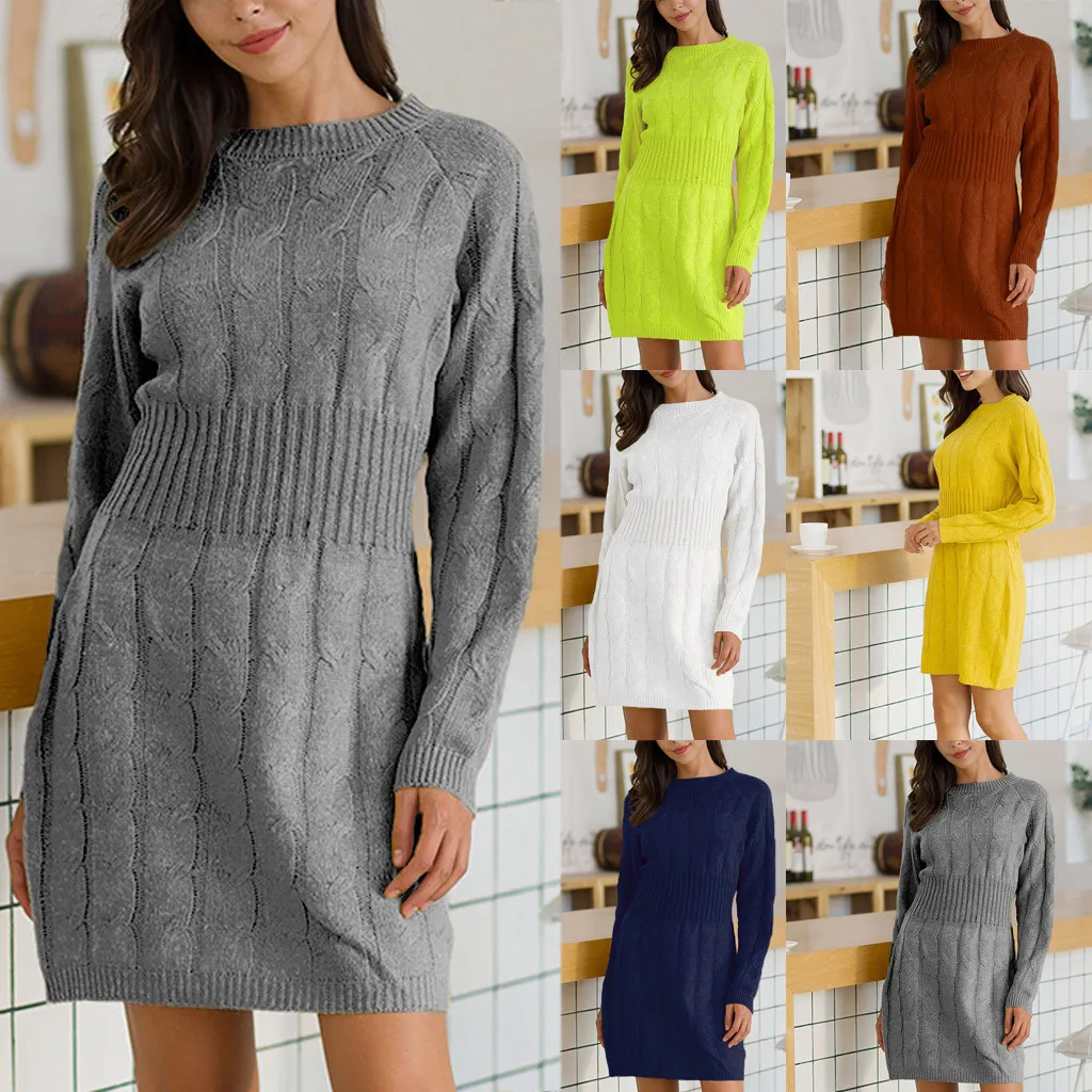 Женское облегающее платье свитер с длинным рукавом средней посадки|Платья| |
