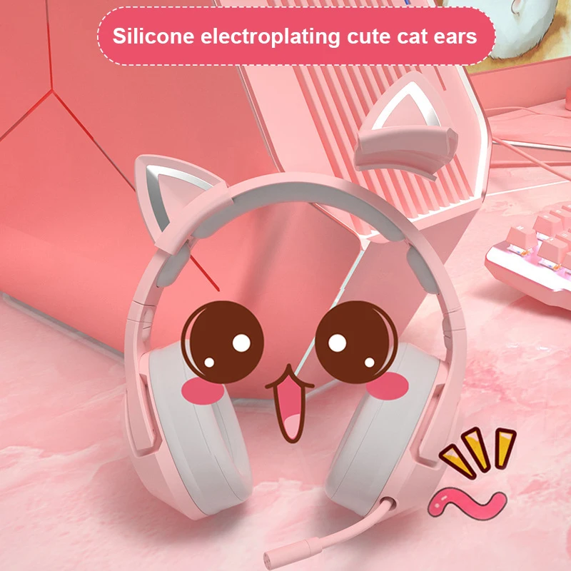 New K9 Pink Wired Game Cat Ear Headset With Microphone Hifi 7 1 Channel Gaming Music Headset For Computer Notebook