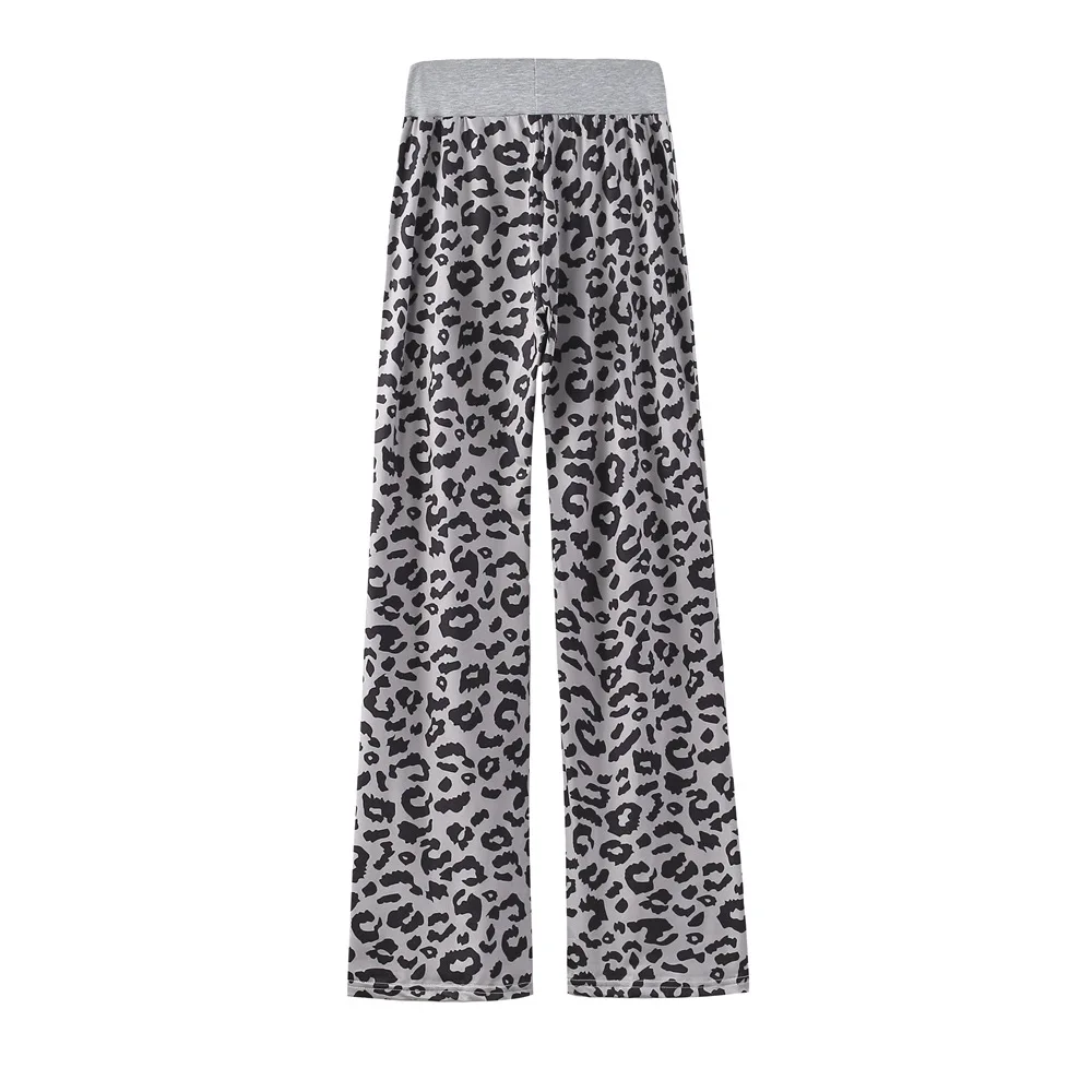 Plus Size Fashion Autumn Leopard Printed Wide Leg Pants Women High Waist Loose Pants Elegant Office Ladies