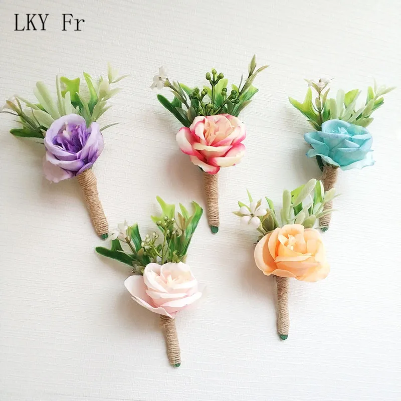 LKY Fr Boutonniere Flowers Corsages Wedding Silk Roses Red Groomsman Buttonhole Men Wedding Bracelet for Bridesmaid Corsage Pins