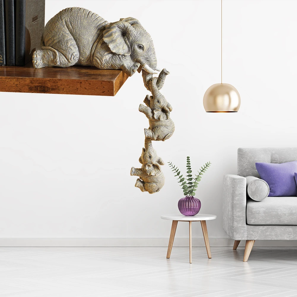 3Pcs Elephant Sitter Hand-Painted Resin Figurines Mother And Two Babies Hanging Off The Edge Of Shelf Table Home Decoration | Дом и сад