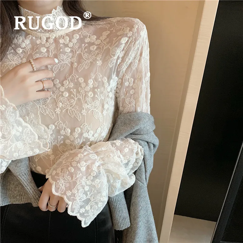 Женская кружевная блузка RUGOD Элегантная цвета хаки с длинным рукавом и