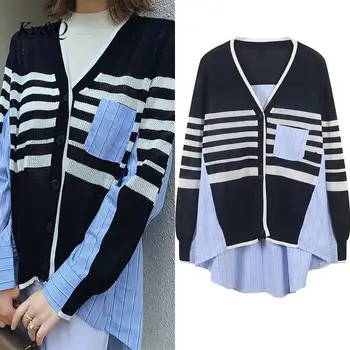 

2020 Autumn Women Casual Striped Hit Color Sweater V-neck Long-sleeved Thin Fashion Tide Patchwork Irregular Cardigans Clothes
