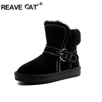 

REAVE CAT Real wool Fur Snow boots For Women lady Genuine cow leather short booties Keep Warm Winter shoes black gray big size 4