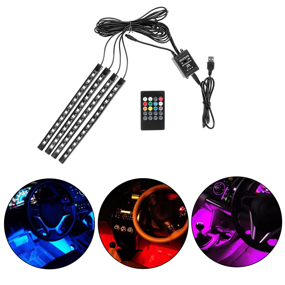 4Pcs RGB LED Strip Lights Car Atmosphere Lamp Remote Control Fashion Auto Interior Decoration Music Rhythm 5050 Strips Light