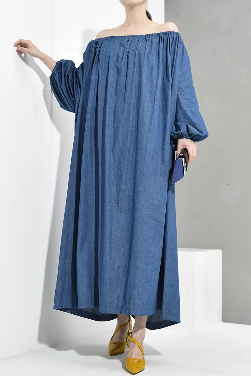 [EAM] Новое весенне-осеннее Синее джинсовое длинное платье с круглым вырезом, длинным рукавом и открытой спиной большого размера Женская мода JT6990
